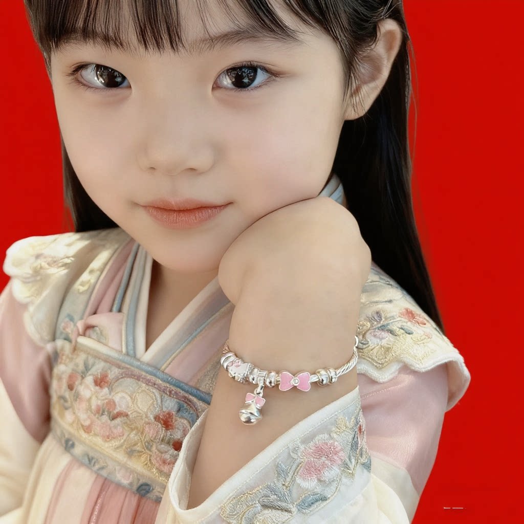 香港正生纯银999足银KT蝴蝶结粉色在逃公主手镯中童儿童学生礼物