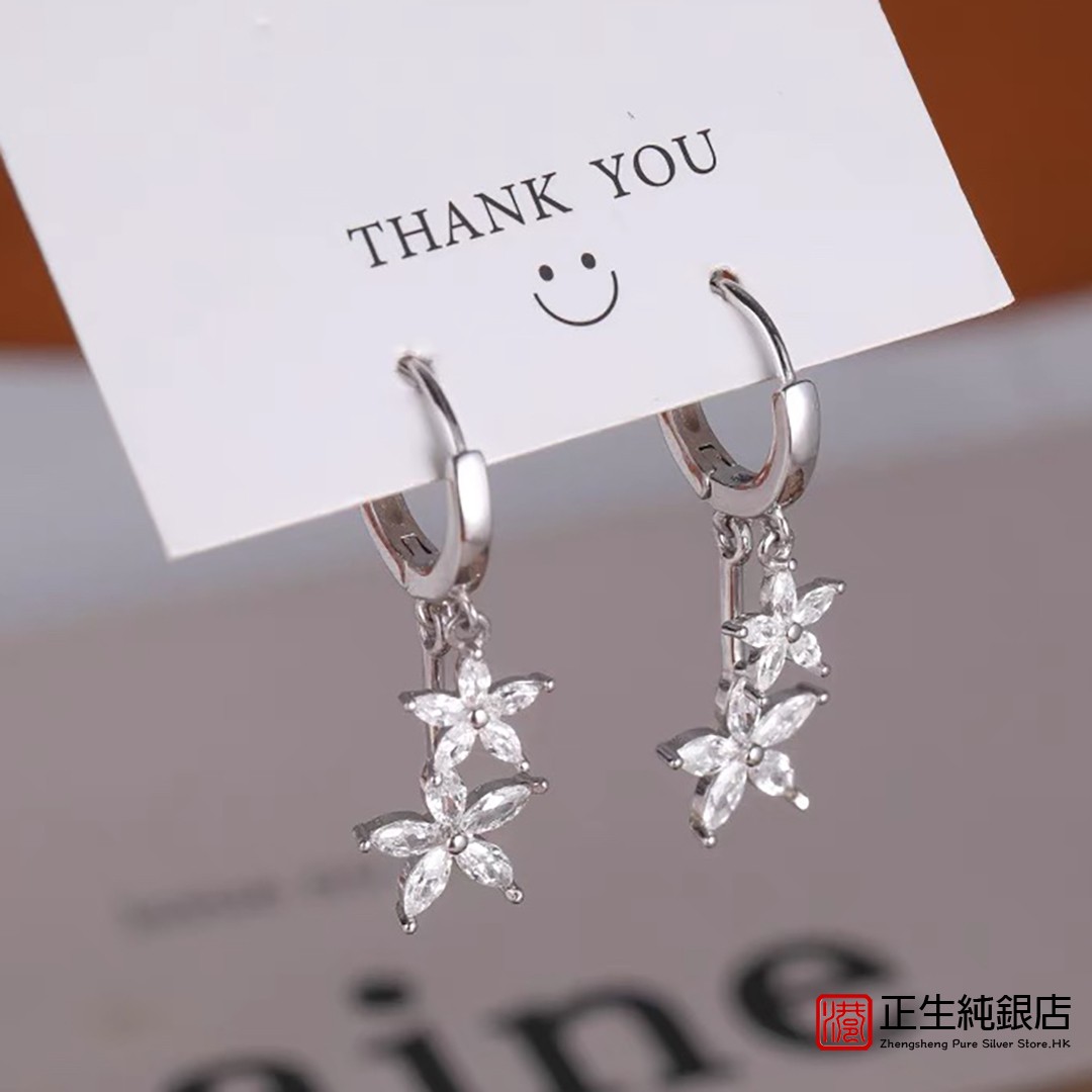 香港正生S925纯银耳扣锆石花朵耳扣耳环不过敏养耳洞通体纯银耳饰