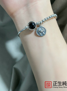 S925纯银森系冷淡风手链女DIY光珠黑曜石招财纳福木马手串银饰