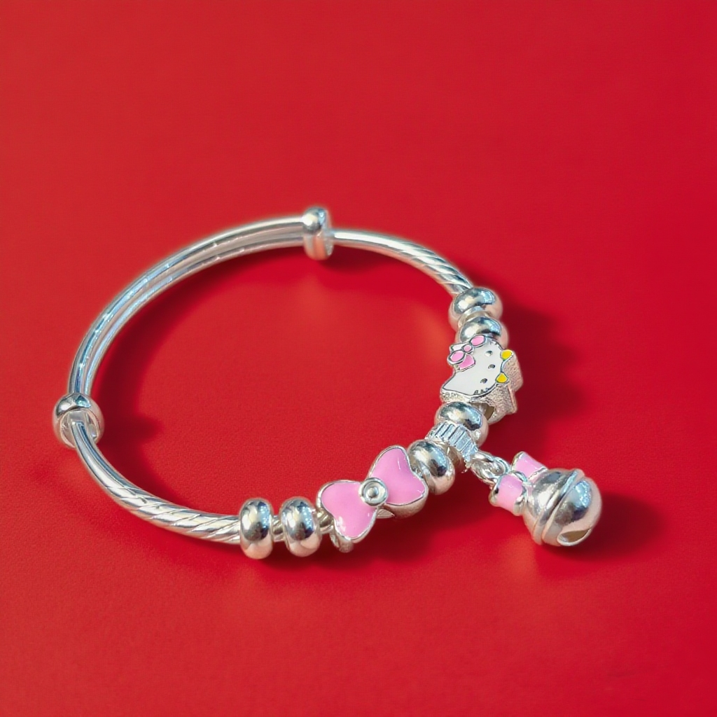 香港正生纯银999足银KT蝴蝶结粉色在逃公主手镯中童儿童学生礼物