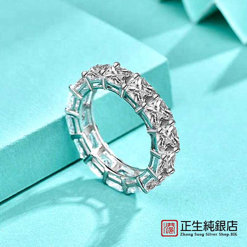 香港正生纯银925纯银欧美外贸满钻锆石戒指公主方形指环时尚嘻哈