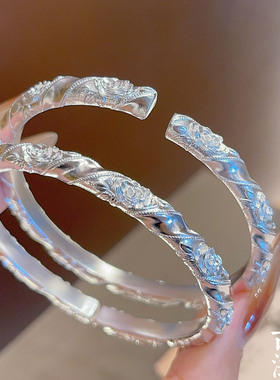 香港正生纯银9999足银玫瑰花手镯女新中式国风百搭高级送老婆礼物