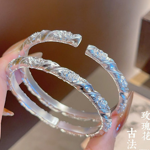 香港正生纯银9999足银玫瑰花手镯女新中式国风百搭高级送老婆礼物