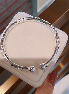 香港正生纯银足银9999开口对珠花丝银手镯女款圆棍浮雕花纹手镯银