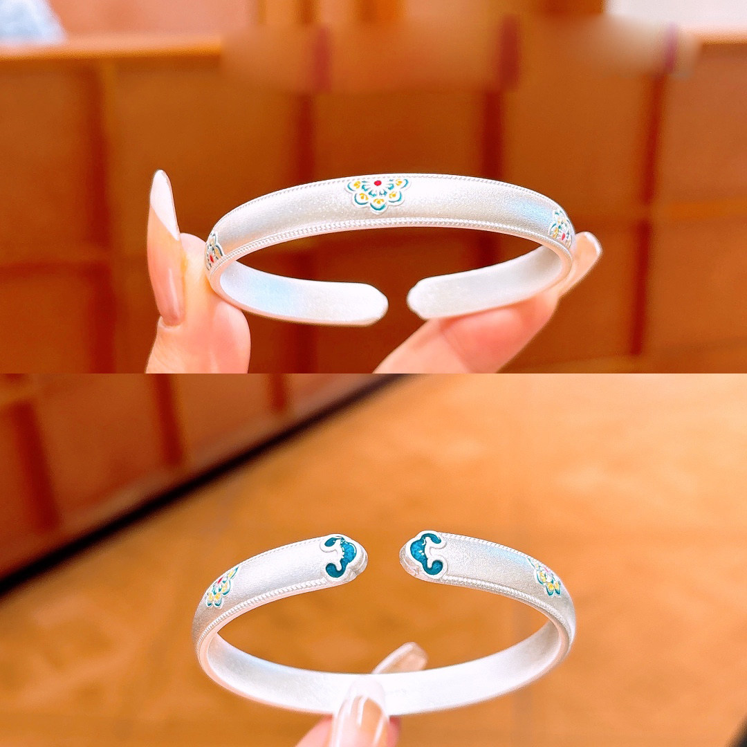 香港正生纯银9999足银手镯珐琅实心描金宝相花国风送妈妈女友礼物