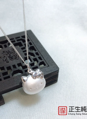 香港正生银饰s999纯银简约可爱小猫咪头项链女孩甜美小清新宝宝礼