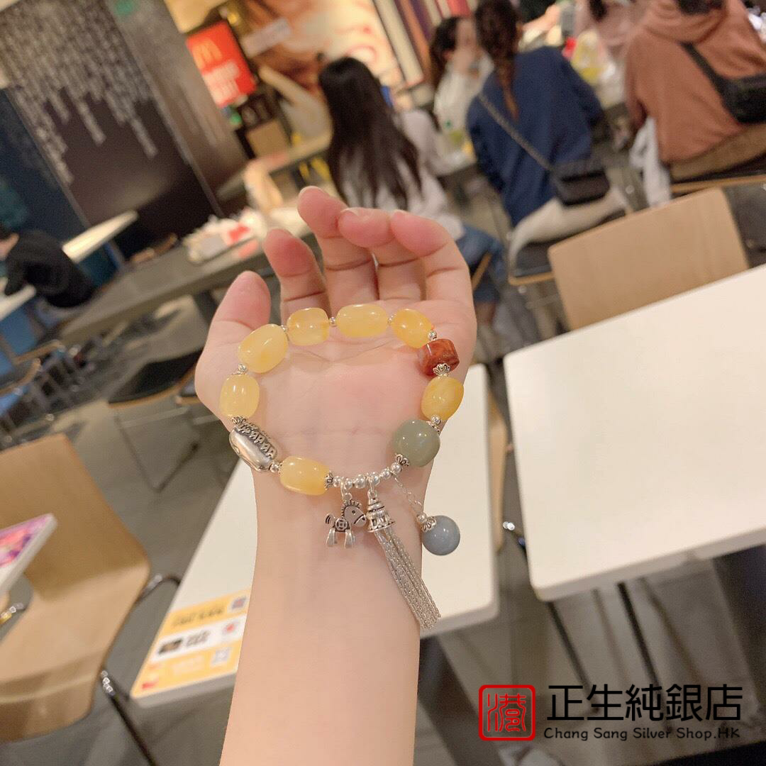 正生s925纯银手链女小马有钱流苏蜜蜡手串百搭小众设计闺蜜礼物潮