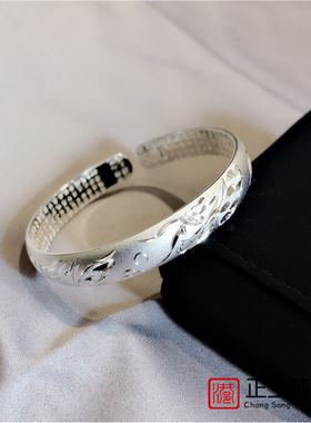 香港正生纯银s999足银龙凤手镯女开口心经镯子简约送女友送妈妈潮