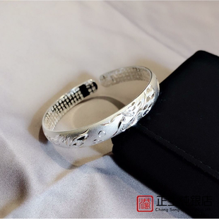 香港正生纯银s999足银龙凤手镯女开口心经镯子简约送女友送妈妈潮