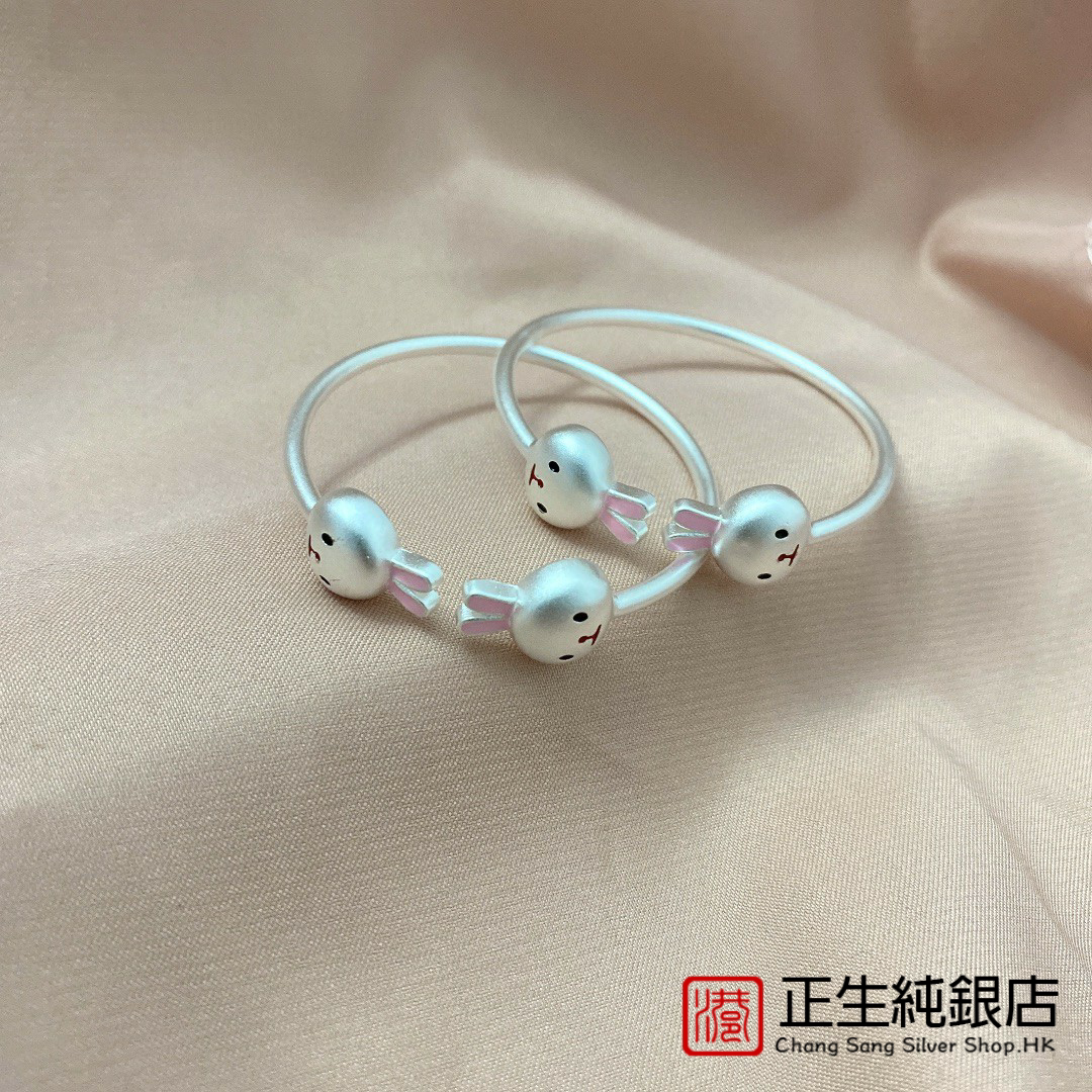 正生纯银s999纯银足银兔子亲子款开口手镯儿童宝宝可爱天然送礼物