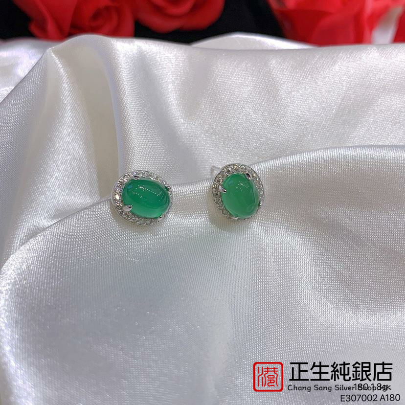 香港正生纯银s925绿玉髓复古中年女士送妈妈纯银针耳钉气质妈妈款