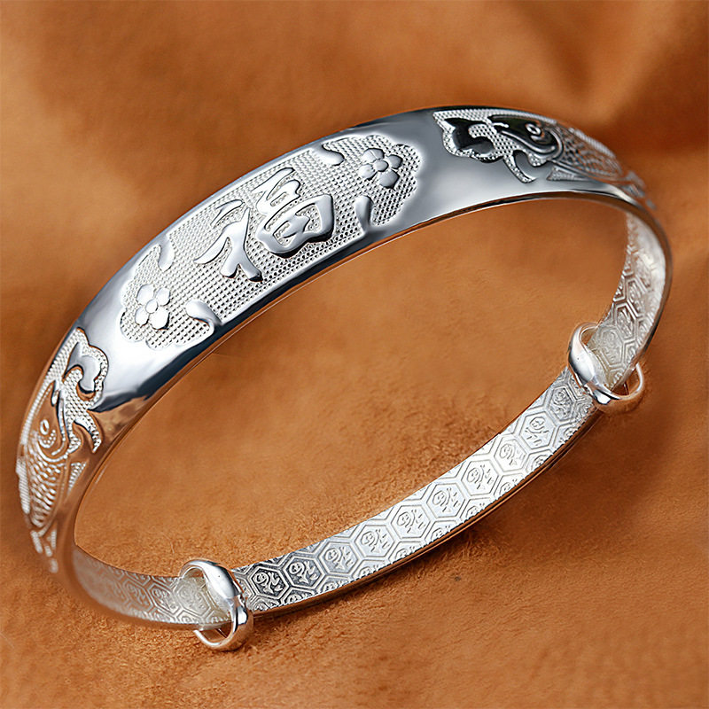 香港正生纯银9999纯银手镯双鱼福推拉 足银镯子银手环 老人女银饰