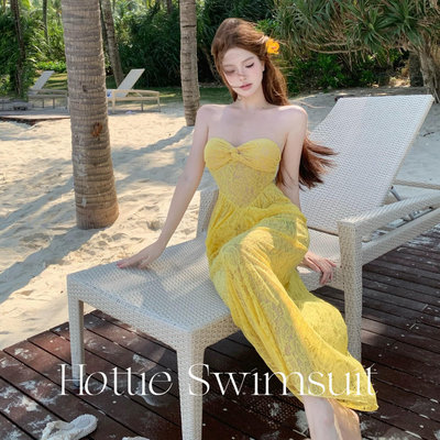显白黄色蕾丝抹胸长裙纯欲性感连衣裙带胸垫泳衣泰国沙滩度假510