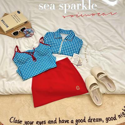 sea sparkle泰国泡泡格ins红蓝撞色绑带明媚元气少女连体泳衣女款