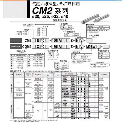 SMC迷你气缸型号CM2B/CDM2B20/25/32-25-50-75-100-125-150-200Z