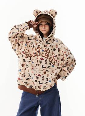 SRE外K 美式复古RLV帽小狗满印耳朵连卫衣女秋季宽松休潮牌情侣闲