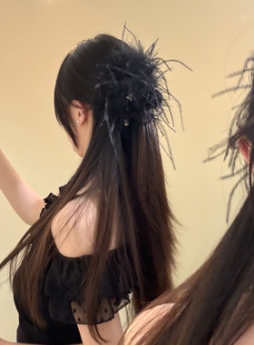 BXA气质学姐~高级感黑色羽毛抓夹女2026新款鲨鱼夹气质氛围头饰品