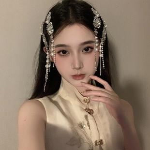 BXA民族风银色流苏边夹发链女新中式侧边刘海夹蒙古族头饰发夹子