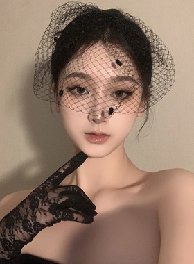 BXA万圣节黑色网纱发夹女法式复古旗袍新娘头纱cos面纱装扮发饰品