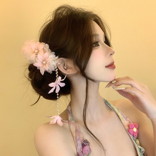花岛胭脂~超仙粉色花朵流苏发夹女款度假风海边拍照头饰发卡头花