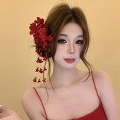 红妆映颜 明媚红色铃兰花流苏发夹女新娘头饰新中式 海边度假头花