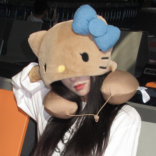 可爱黑皮猫猫连帽u型枕长途出行便携护颈遮光枕头带帽子午休枕头