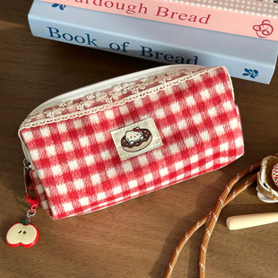 红格子猫猫文具笔袋大容量简约可爱蕾丝边少女感学生文具收纳盒