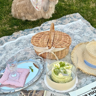 户外野餐篮手工编织文艺藤编野餐露营水果花篮收纳手提筐拍照道具