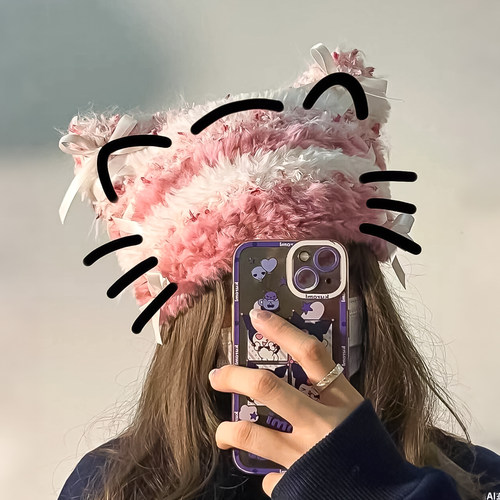 芭蕾猫耳帽手工钩针编织材料包自制手混线拼色毛绒帽子秋冬保暖