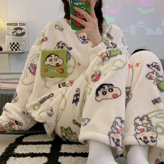 ins新款法兰绒睡衣女秋冬长袖