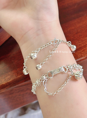 原创足银999复古梅花铃铛手链手工纯银蝴蝶铃兰百搭叠戴情侣礼物