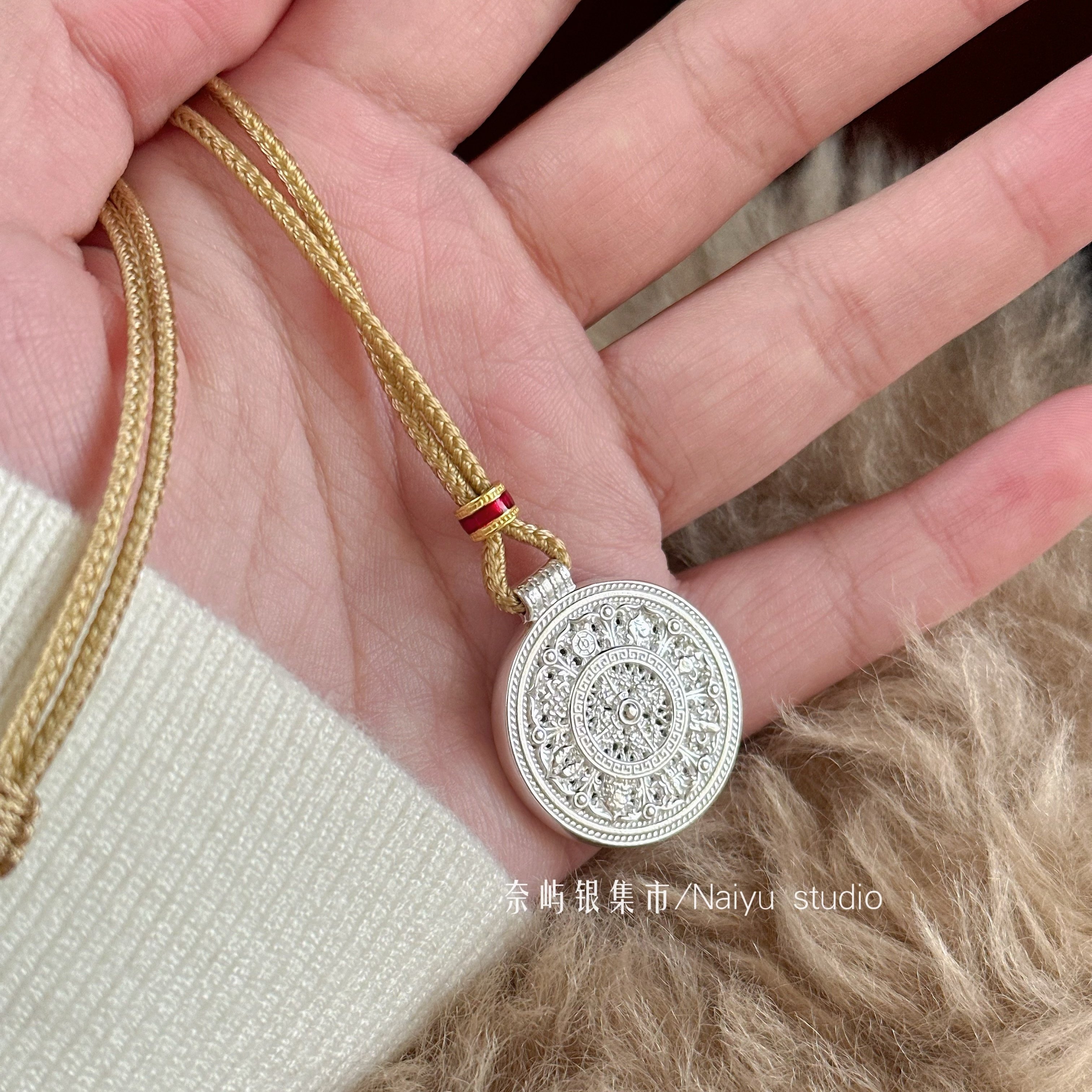 足银999八宝罗盘毛衣链转运圆盘吊坠纯银项链简约百搭国风礼物