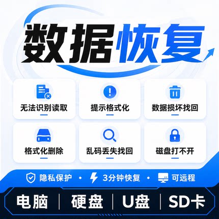 电脑移动硬盘固态硬盘U盘SD卡数据恢复照片文件远程损坏修复服务