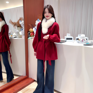 红色狐狸毛领双面羊毛大衣女秋冬短款小个子系带高级感毛呢外套绒