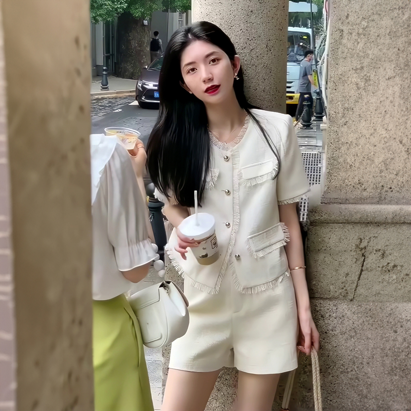 气质名媛小香风套装女2025年夏装新款薄款短袖外套+高腰阔腿短裤
