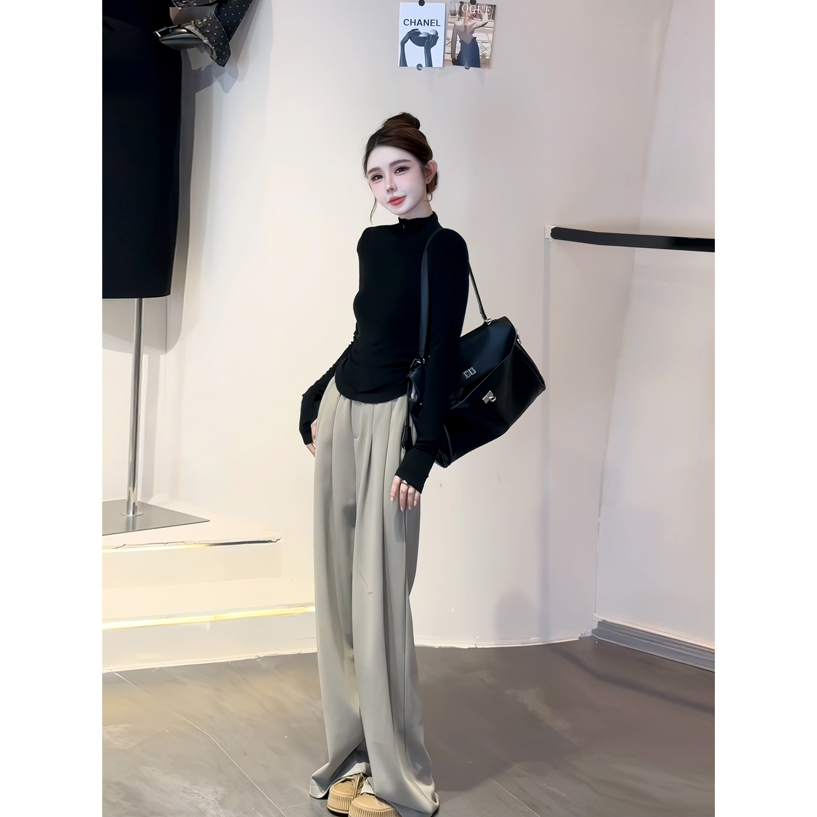 时尚减龄拉链长袖上衣阔腿裤套装