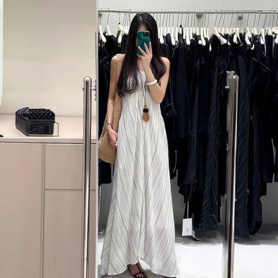 条纹吊带宽松显瘦轻熟V领连衣裙