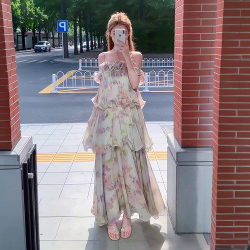 绝美碎花雪纺挂脖连衣裙女春夏