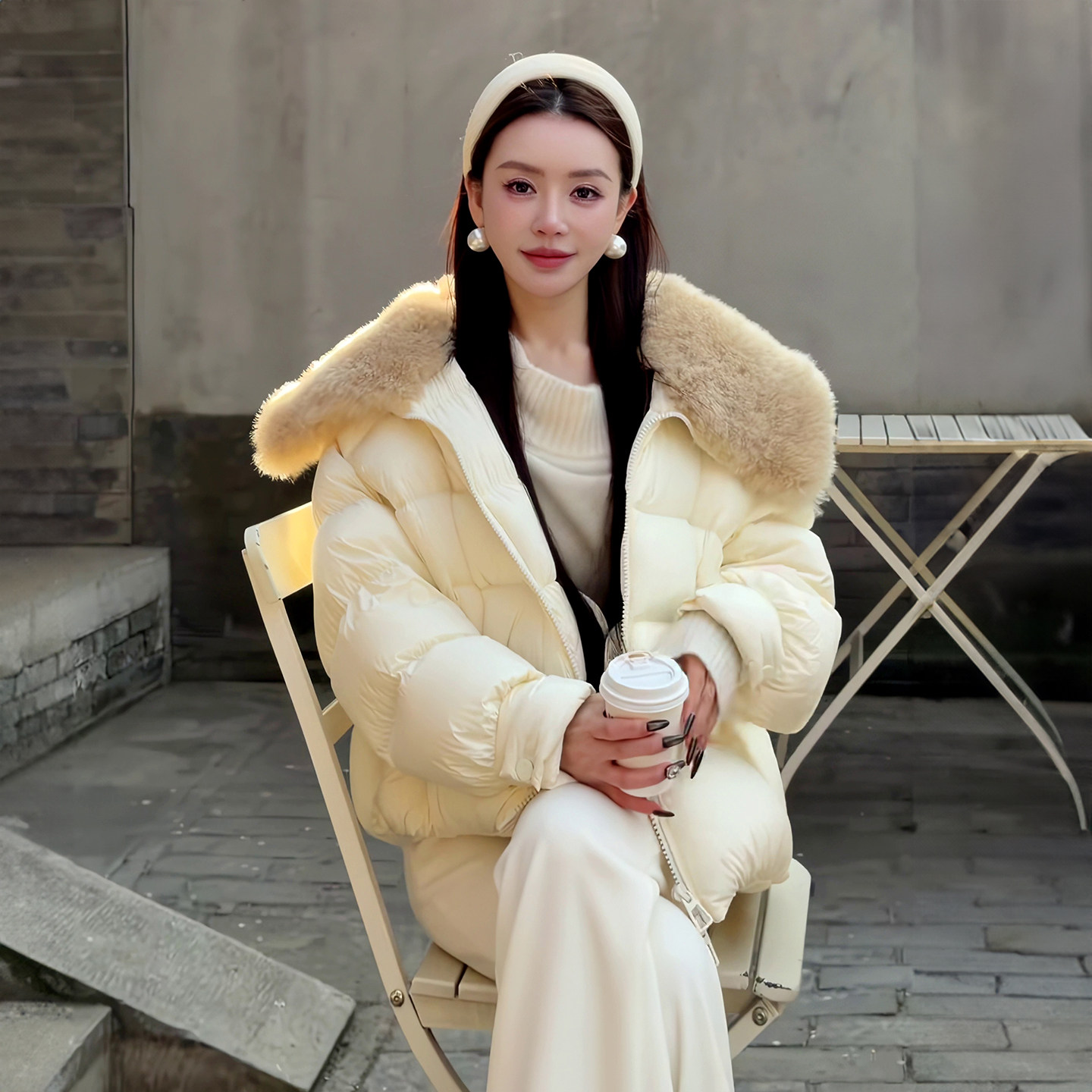 温柔风高级感大毛领羽绒棉服女冬新款白色宽松保暖云朵泡芙短外套