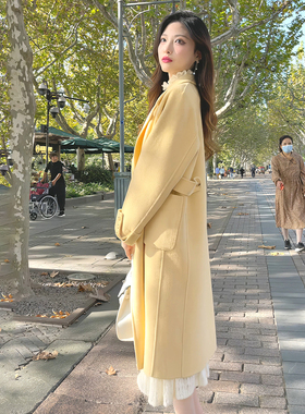 秋冬季黄色双面毛呢呢子大衣女2025新款韩系中长款小香风毛呢外套