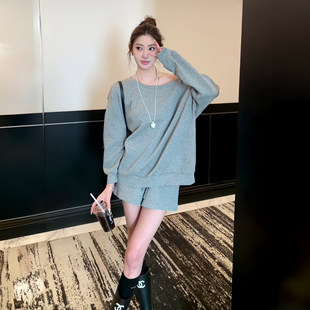 2026春秋新款时尚休闲纯色宽松长袖卫衣上衣高腰抽绳短裤灰色套装