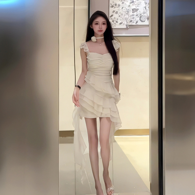 不规则荷叶边无袖吊带连衣裙