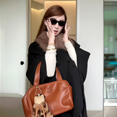 高端全羊毛黑色双排扣可拆卸狐狸毛宽松斗篷大衣双面毛呢外套时髦