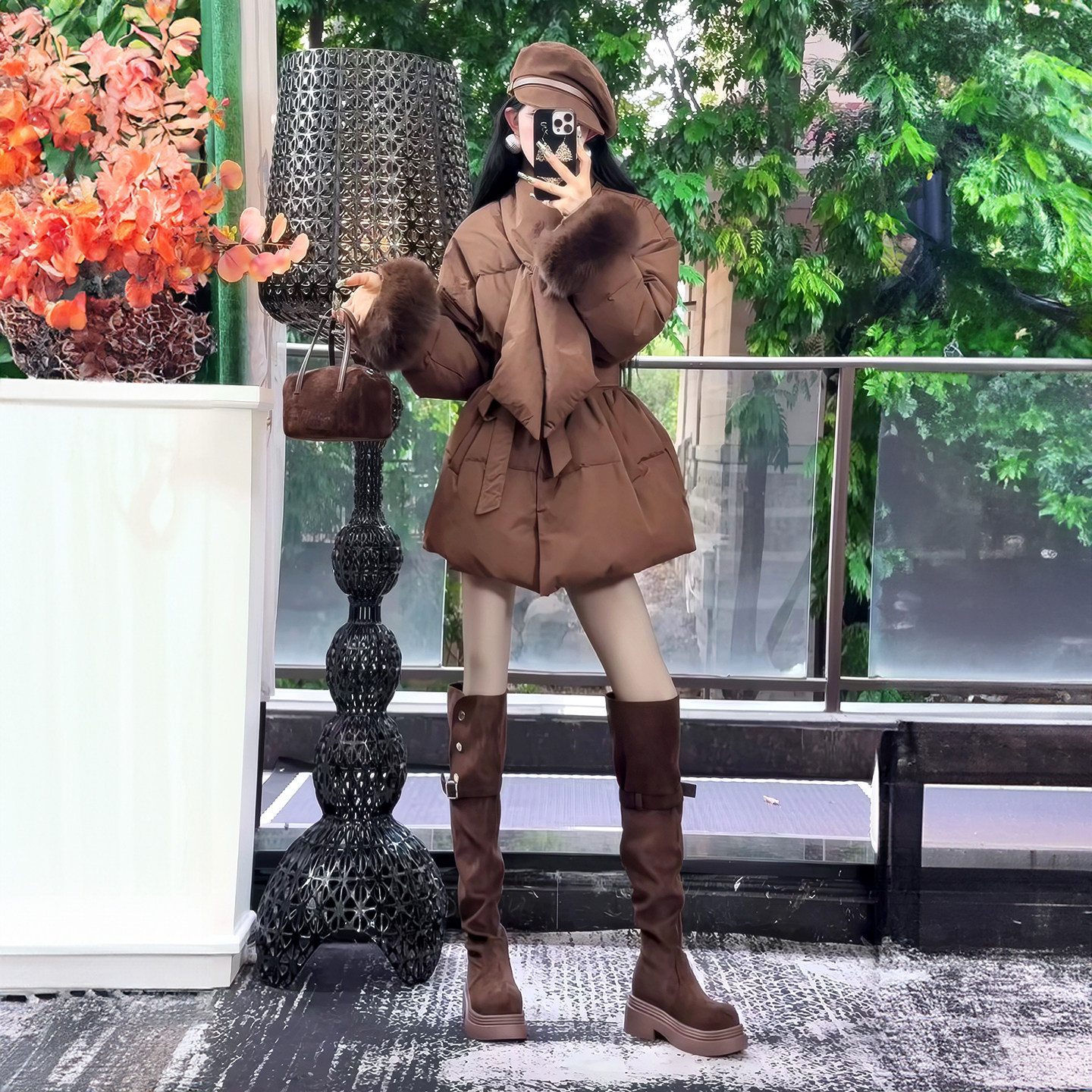 韩版设计感束腰围巾羽绒服女冬季新款时髦洋气收腰中长款气质外套