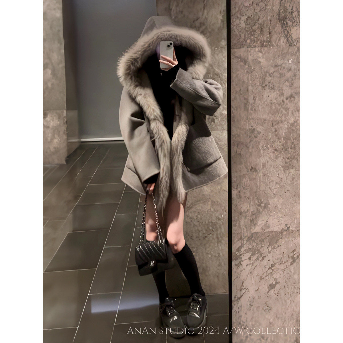 2026秋冬款韩版小众灰色连帽设计毛领毛呢外套女毛毛拼接呢子大衣,女装/女士精品,毛呢外套,淘宝优惠券,粉丝福利购,淘宝优惠卷