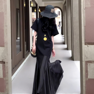韩系黑色长款T恤连衣裙女2026夏季新款短袖体恤裙拼接网纱鱼尾裙