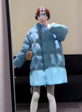 韩版2026秋冬季新款蓝色时尚立领连帽白鸭绒休闲百搭羽绒棉服外套