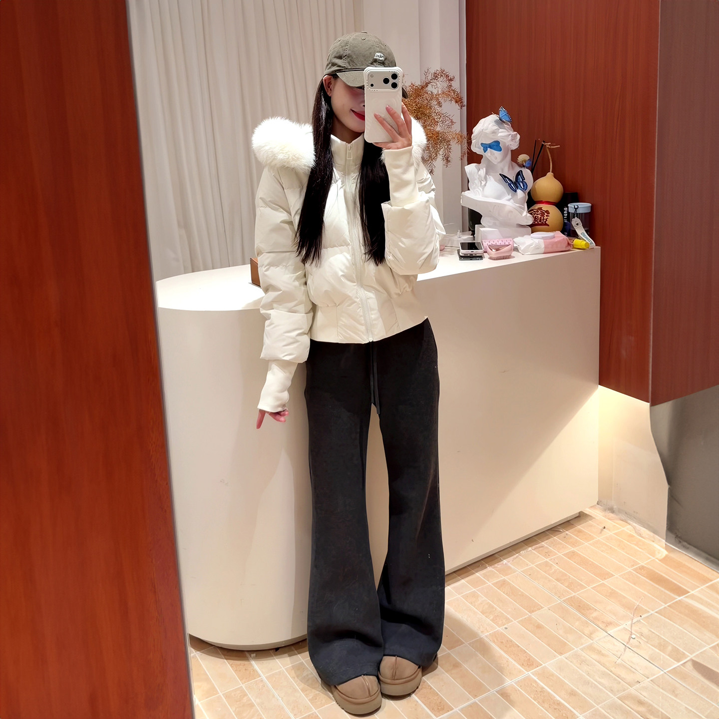 韩系白色大毛领连帽短款羽绒棉服冬季2026新款收腰保暖厚棉服外套