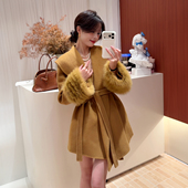 韩版 系带大衣 可拆卸毛袖 纯欲性感中长款 V领毛呢外套女2026秋冬季