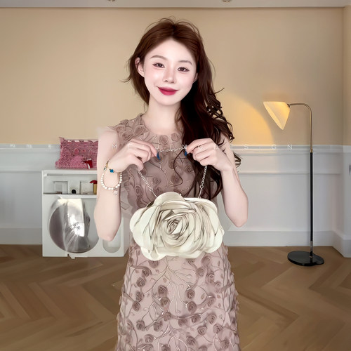 重工立体花朵无袖连衣裙女